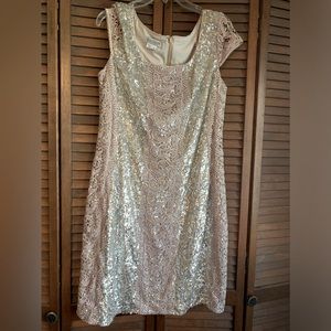Kay Unger NewYork dress size 16 silver sequin over taupe nylon lining.